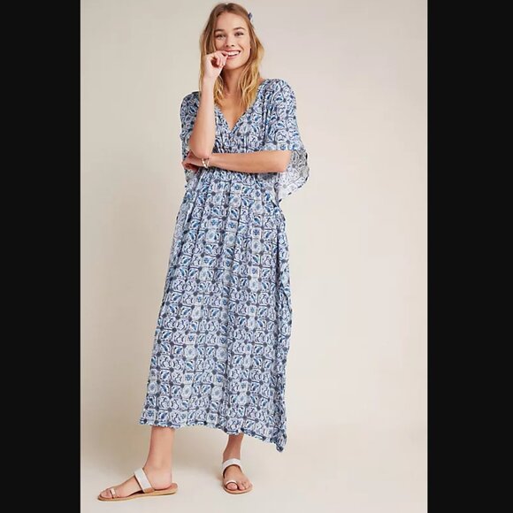 Rujuta Sheth Dress Womens One Size Blue Boho Maxi Kimono Coastal Resort Flowy - Picture 1 of 14